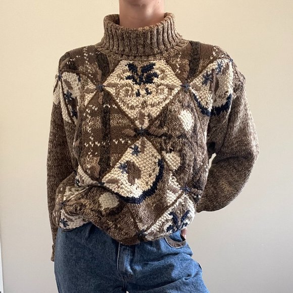 Vintage 90s Turtleneck, 1990s Brown Chunky Knit Sweater - Picture 3 of 9